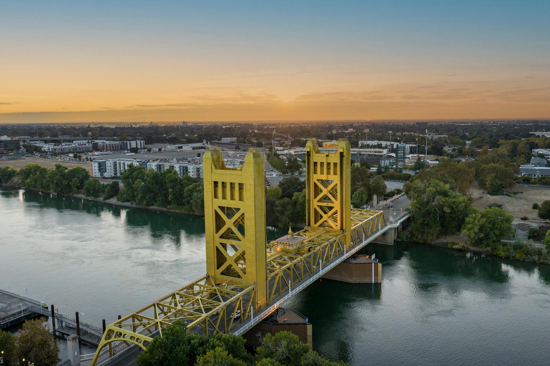 aerial view of tower bridge in sacramento at sunset