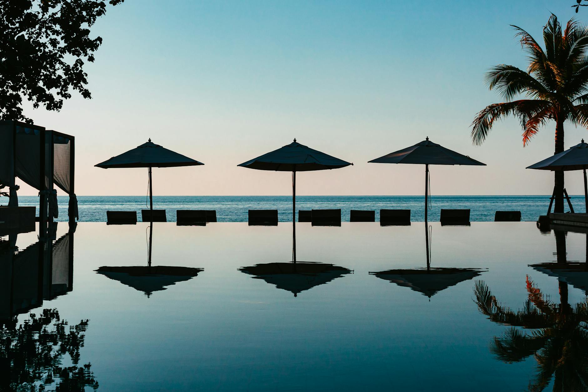 umbrellas on the edge of a swimming pool with view of the sea in a topical resort