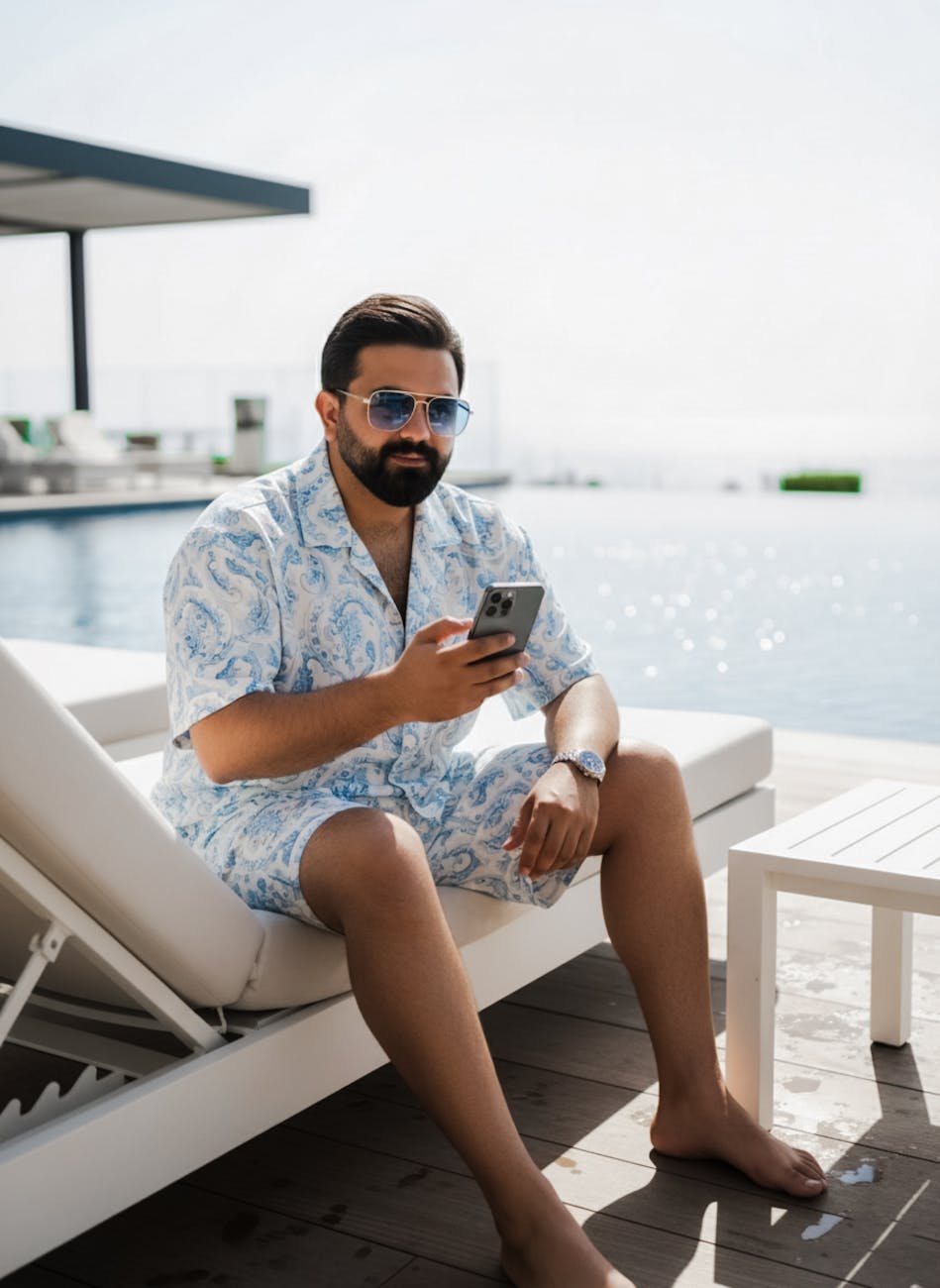 man relaxing by pool with smartphone outdoors